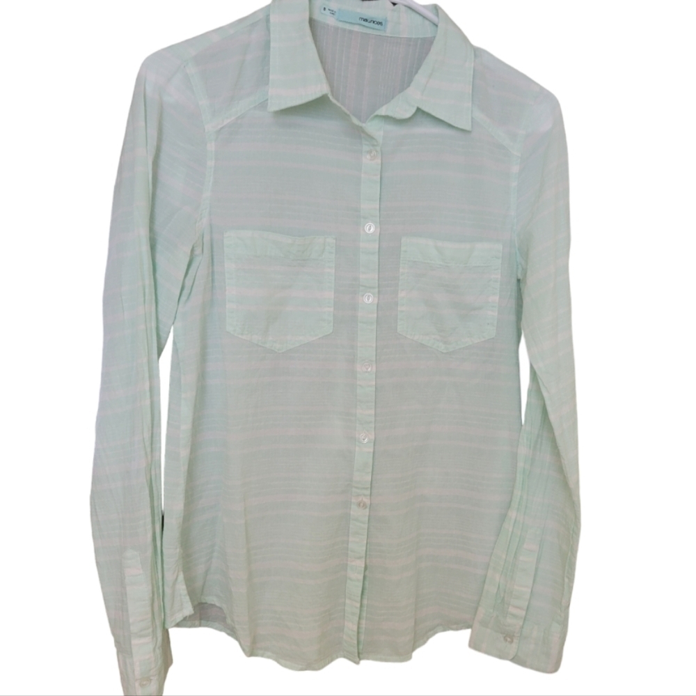Maurice’s mint green striped button up shirt size small spring semi sheer